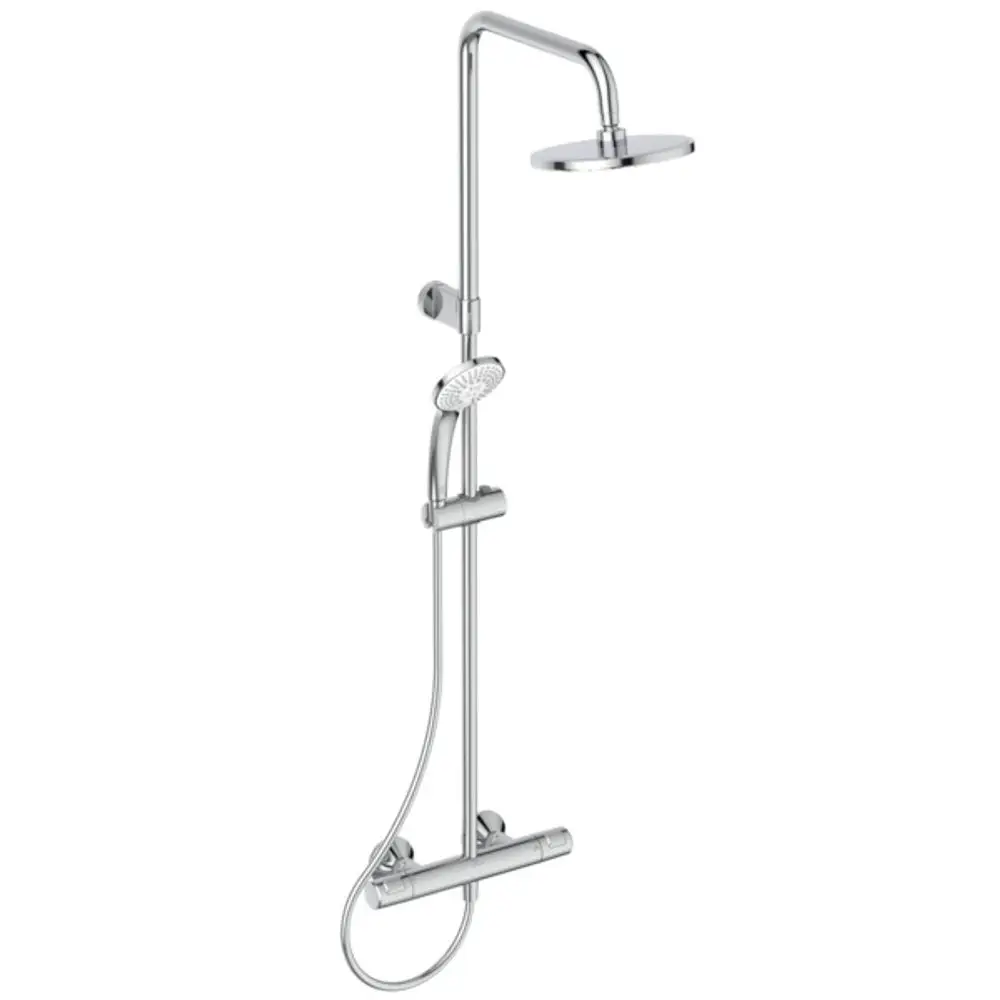 Duschsystem von Ideal Standard mit Kopf- und Handbrause. Das System ist aus verchromtem Material und verfügt über eine höhenverstellbare Montage für flexible Nutzung.
